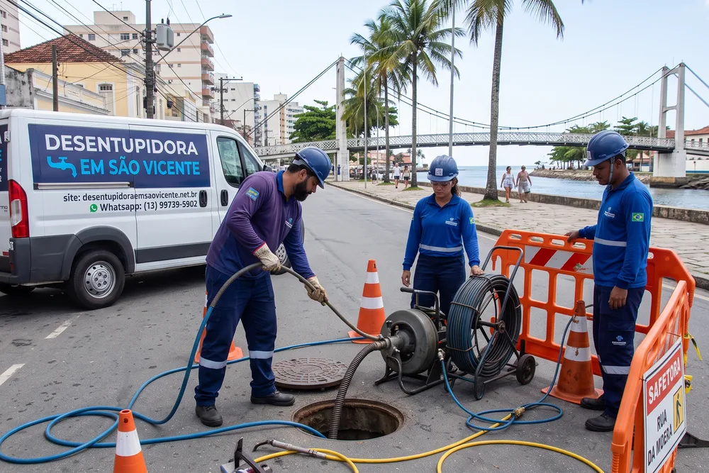 Equipe da desentupidora em São Vicente em atendimento local